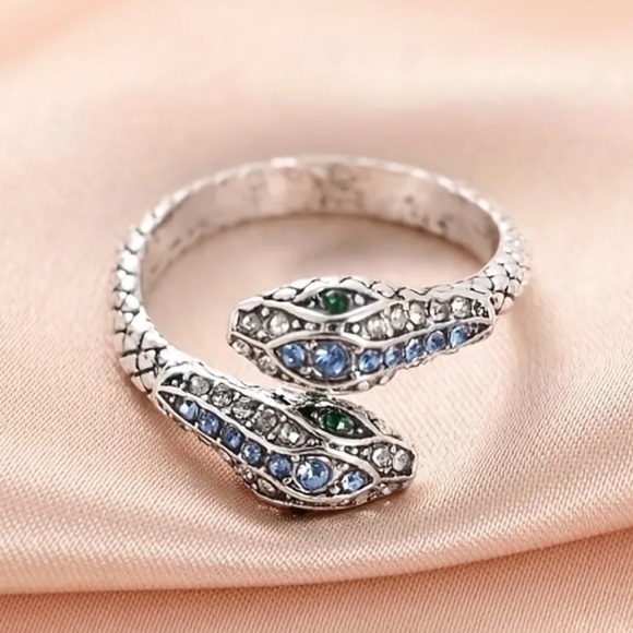 NEW Silver 925 Aquamarine Emerald Stone Snake Open Ring - Picture 4 of 4